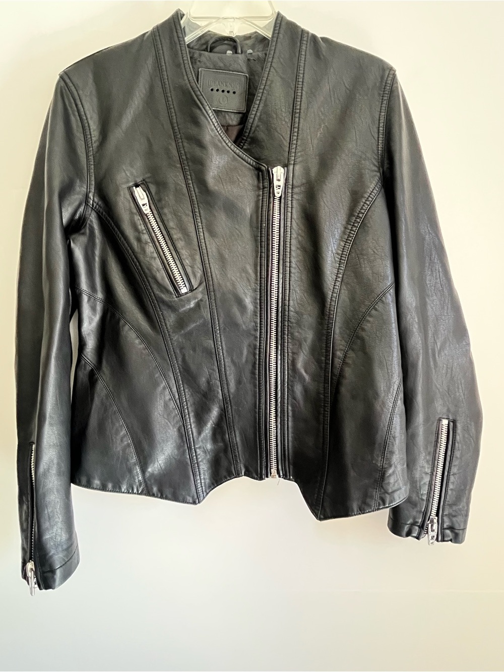 Blank NYC Black Asymmetric Zip Faux Leather Moto Jacket Silver Hardwear Women L